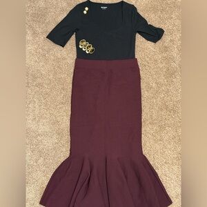 Elegant Burgundy Flared Skirt with black bodysuit and jewelry
